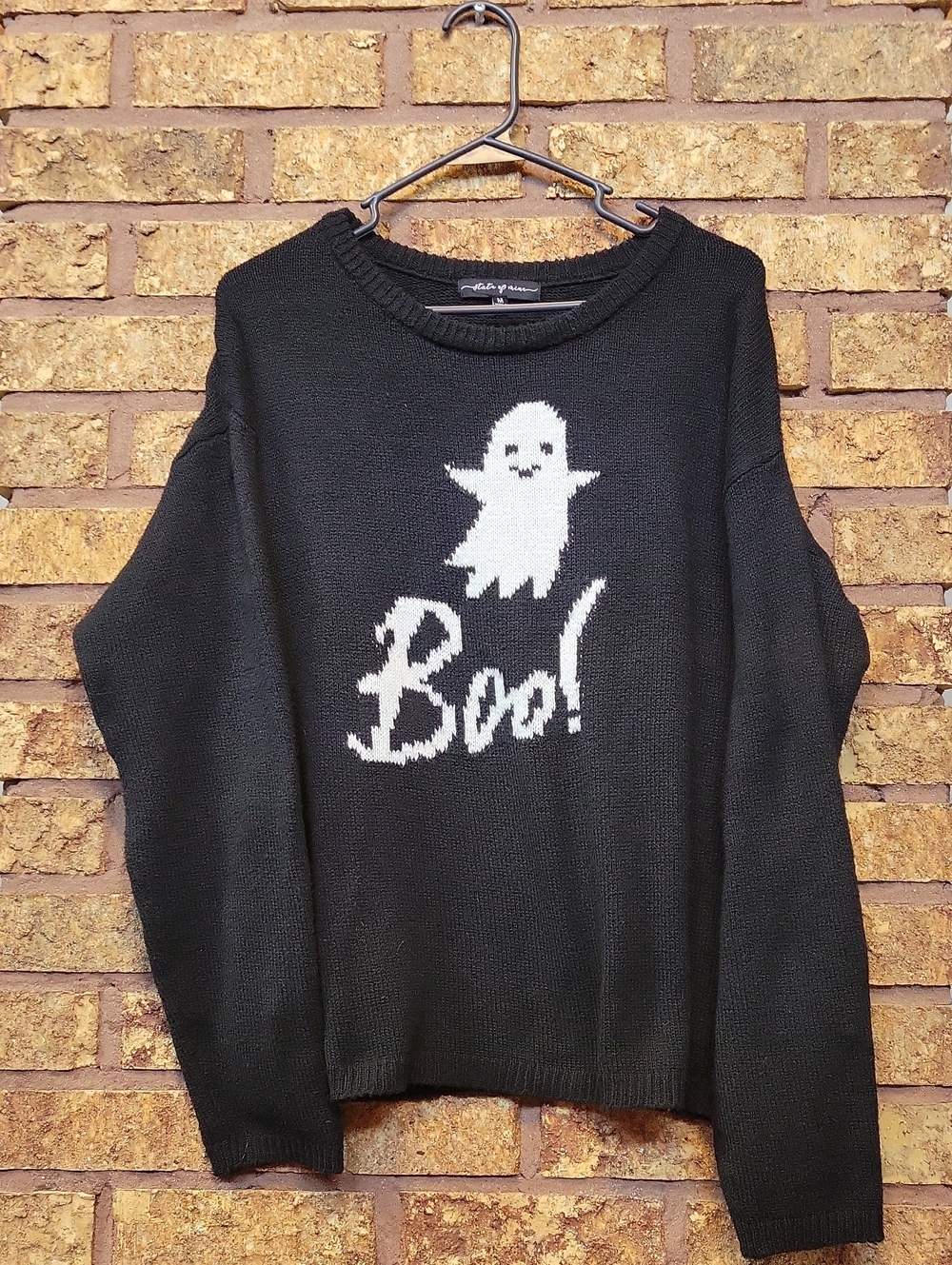 State of Mine Black Crewneck Sweater White Ghost "Boo!" Graphic Size Medium